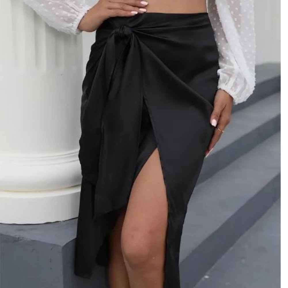 Black Satin Draped Skirt with Slit